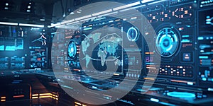 Futuristic Control Room with World Map Display. created by generative artificial intelligence