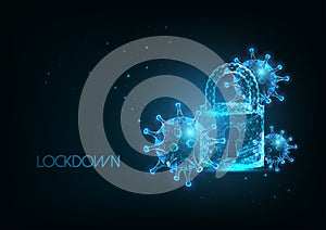 Futuristic coronavirus covid-19 Pandemic lockdown banner with glow ow poly virus cells and padlock photo