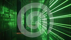 Futuristic corridor background, dark concrete garage with green led light, interior of modern empty underground hall. Concept of