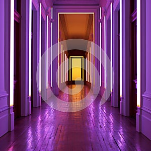 Futuristic corridor in a dark room with purple lights