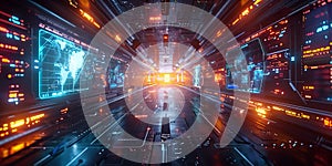 Futuristic corridor with digital screens displaying data, maps, and glowing interfaces