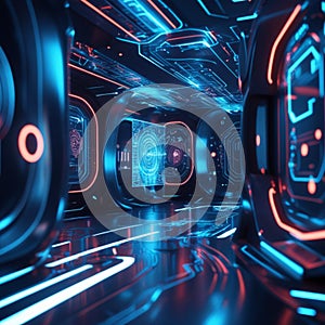 Futuristic corridor with a digital theme, featuring illuminated panels and screens displaying complex patterns and data