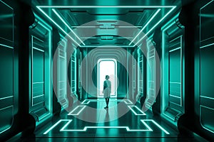 Futuristic corridor with glowing lights and a man in a suit. 3d rendering