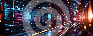Futuristic corridor with glowing screens and digital interfaces in a sci-fi setting