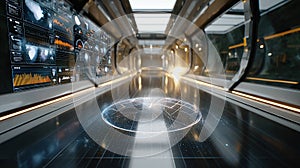 Futuristic corridor with interactive floor display