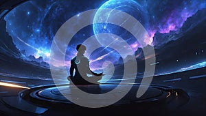 futuristic cosmic meditation: transcendence in a celestial sanctuary. ai generated