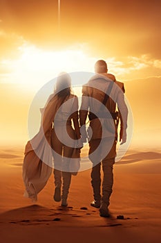 futuristic couple walking on a hot sunset desert landscape.