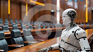 A futuristic courtroom where AIpowered robots act as legal analysts providing unbiased and datadriven assessments of photo