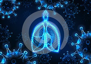 Futuristic covid-19 coronavirus caused viral pneumonia banner with glowing human lungs and viruses photo