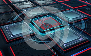 Futuristic CPU 3d illustration. Quantum processor in global database