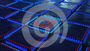 Futuristic CPU. Database, data center. Quantum processor in global computer network