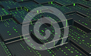 Futuristic CPU and Machine Learning Concept. 3D illustration Stream of binary code. Microchip technology. Blockchain, fintech, AI