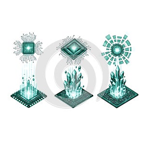 Futuristic CPU Microchip with Crystal Data Projection Set