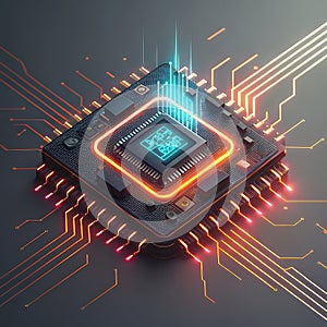 Futuristic CPU Microchip High Tech Circuit Board Digital Technology Data Processing Neon Glow