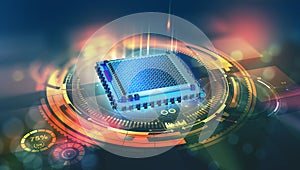 Futuristic CPU. Quantum processor in the global computer network photo