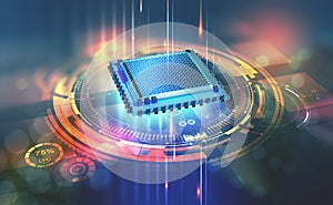 Futuristic CPU. Quantum processor in the global computer network
