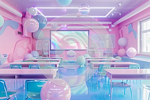 Futuristic creativity modern glossy pastel classroom interior with Minimal art geometric sphere imaginative photo