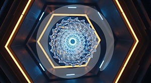 Futuristic Crystalline Vortex in Neon Hexagonal Tunnel