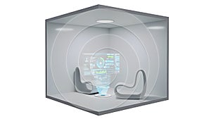 Futuristic cube-room environment with holographic interface for customer service and communication themes.