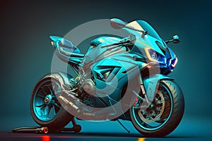 Futuristic custom angled light motorcycle concept with glowing blue tones. Neural network generated art