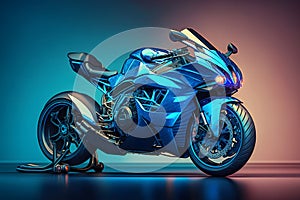 Futuristic custom angled light motorcycle concept with glowing blue tones. Neural network generated art