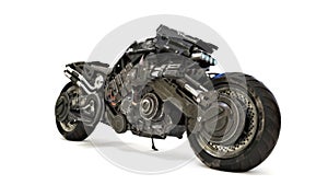 Futuristic custom armored motorcycle concept on an isolated white background.