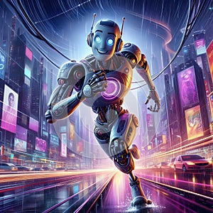 futuristic cute running robot illustration