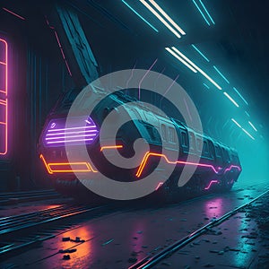 Futuristic Cyber Gaming Dark Foggy Railway Station Industrial Vehicle Train Underground Tunnel Neon Tube Glowing Lights