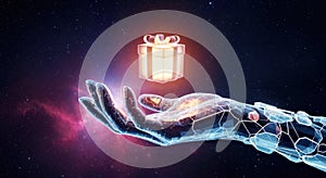 Futuristic Cyber Hand Offering Glowing Gift Box in Space