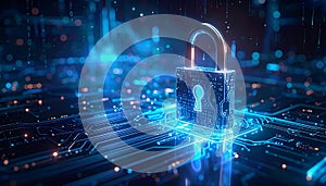 Futuristic Cyber Security Lock on Microchip AI Data Protection Digital Encryption AI