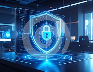 Futuristic Cyber Security Shield With AI Encryption Technology And Digital Lock Protection Interface, Advanced Network Security
