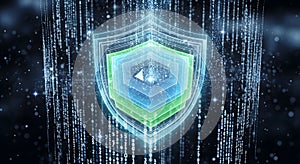 Cyber security shield with binary code background
