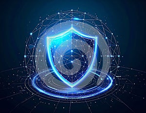 Futuristic cyber shield with digital sphere protecting networked information