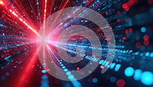 Futuristic cyber space design with digital data streams, binary code. Dynamic red light rays, blue glow, moving bokeh lights