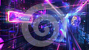 Futuristic cyber space with neon sign Metaverse, abstract digital world background. Corridor or room with data lights in