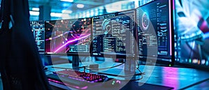Futuristic cyber workstation with multiple monitors displaying complex algorithms