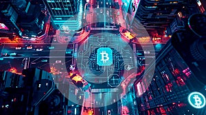 Futuristic Cybercity with Blockchain Network Aerial View