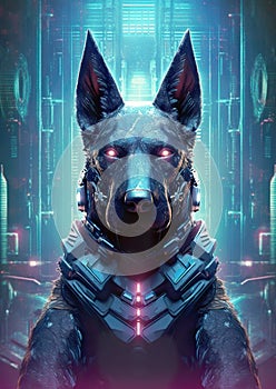 Futuristic cybernetic canine with neon enhancements navigating a dystopian cityscape.