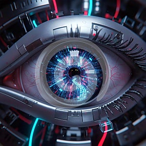 Futuristic Cybernetic Eye with Digital Data Streams and Binary Code