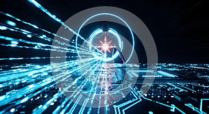 Futuristic Cybernetic Human in Digital Interface: Conceptual Artwork of Data Flow and Technology