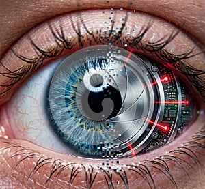 Futuristic cybernetic human eye with digital interface and target hud