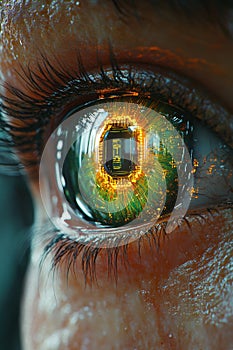 Futuristic cybernetic human eye with integrated circuitry reflecting advanced technology photo