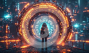 Futuristic cybernetic portal with glowing neon lights and digital elements forming a circular frame around a central tech core in
