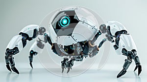 Futuristic cybernetic robot dynamic view of hovering android with blue leds in dark background