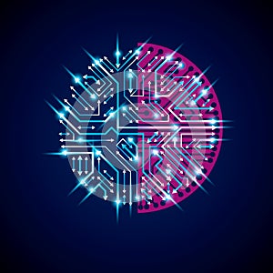 Futuristic cybernetic scheme with multidirectional arrows, vector blue motherboard with neon lights. Circular gleam element with