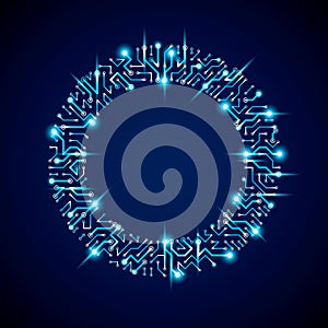 Futuristic cybernetic scheme, vector motherboard blue illustration with neon lights. Circular gleam element with circuit board te