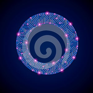 Futuristic cybernetic scheme, vector motherboard blue illustration with neon lights. Circular gleam element with circuit board te