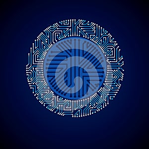 Futuristic cybernetic scheme, vector motherboard blue illustration with neon lights. Circular gleam element with circuit board te