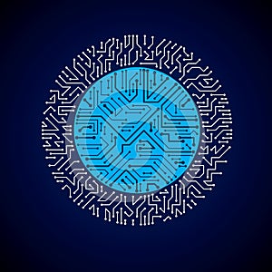 Futuristic cybernetic scheme, vector motherboard blue illustration with neon lights. Circular gleam element with circuit board te