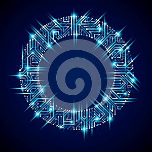 Futuristic cybernetic scheme, vector motherboard blue illustration with neon lights. Circular gleam element with circuit board te